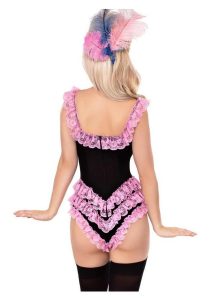 Leg Avenue Boned Ruffle Bodysuit with Bow Accent - Large - Black/Pink