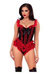 Leg Avenue Boned Ruffle Bodysuit with Bow Accent - Small - Black/Red