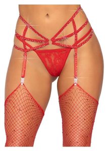 Leg Avenue Strappy Elastic Rhinestone Garter Belt with O-Ring Detail - O/S - Red