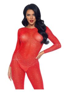Leg Avenue Sheer Rhinestone Catsuit - Small - Red