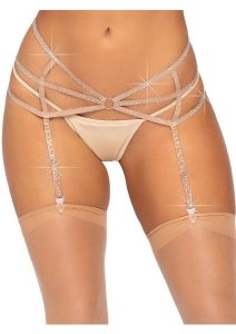 Leg Avenue Strappy Elastic Rhinestone Garter Belt with O-Ring Detail - O/S - Nude