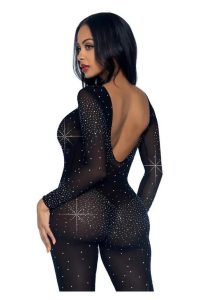 Leg Avenue Sheer Rhinestone Catsuit - Medium - Black