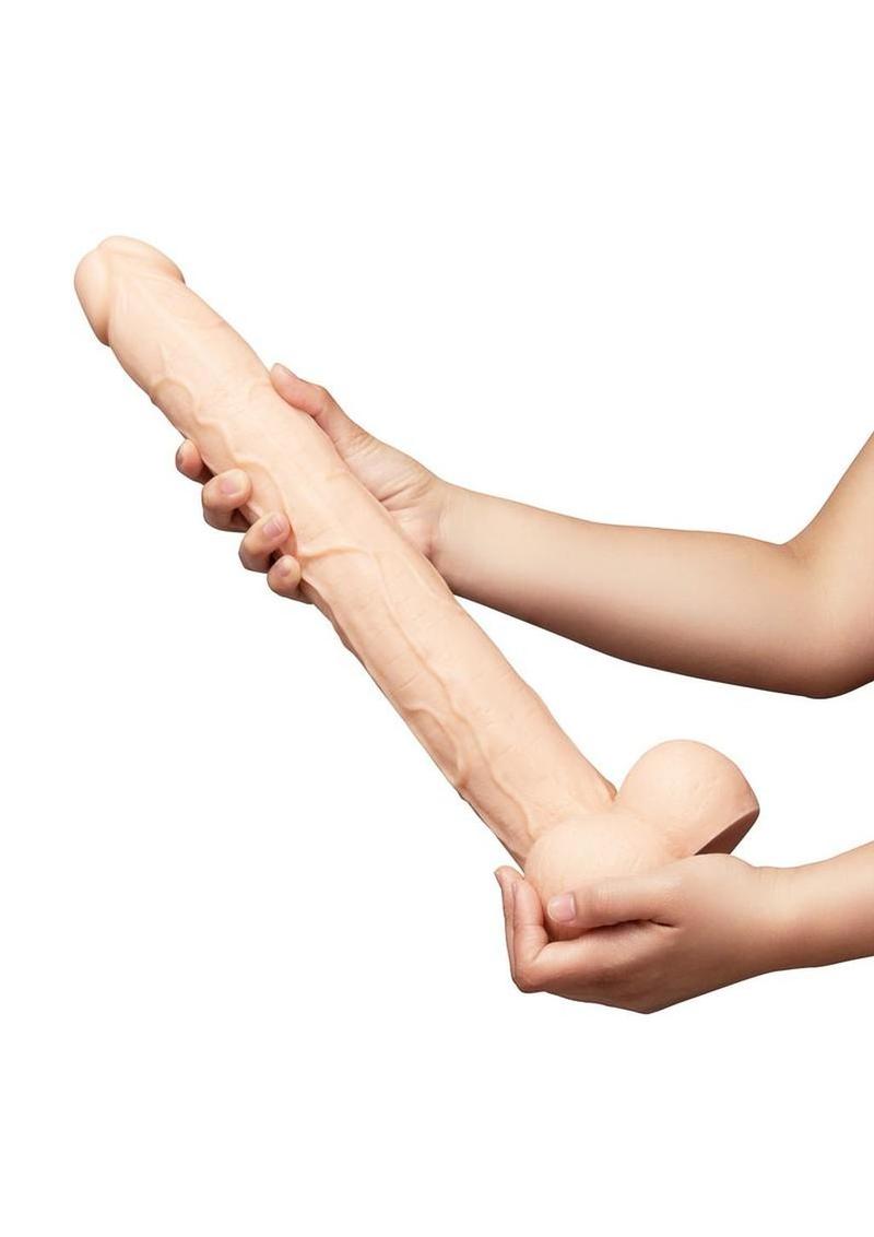B-Vibe Bone Dildo with Balls and Suction Cup 17in - Vanilla - Image 3