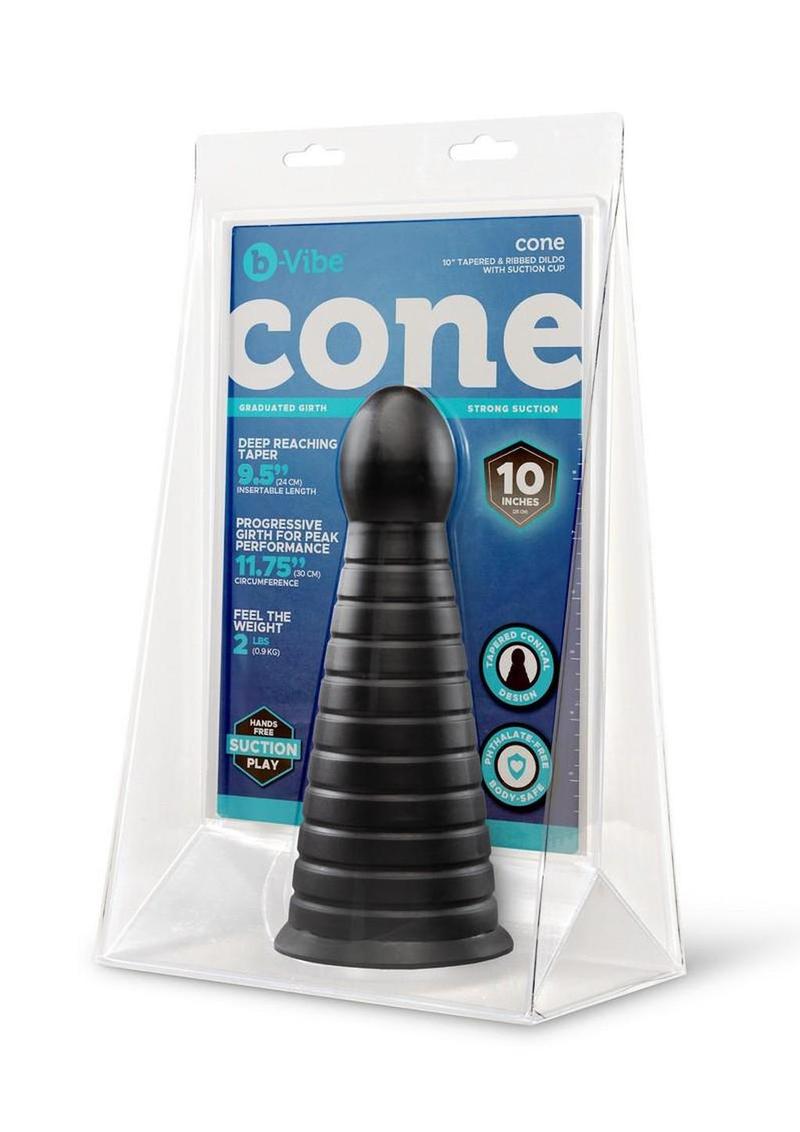 B-Vibe Cone Tapered and Ribbed Dildo with Suction Cup - 10in - Black