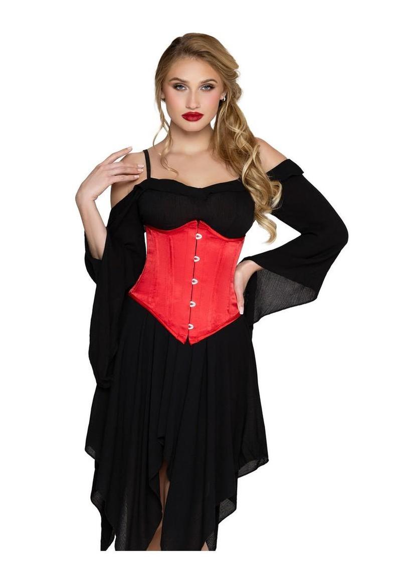 Leg Avenue Steel Boned Satin Waist Cincher with Full Busk Closer and Lace-Up Back - Small - Red