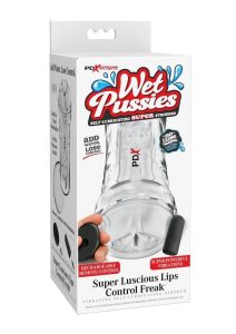 PDX Extreme Wet Pussies Super Luscious Lips Control Freak Self Lubricating Vibrating Stroker with Remote - Pussy - Frost/Clear