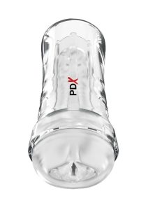 PDX Extreme Wet Pussies Super Luscious Lips Control Freak Self Lubricating Vibrating Stroker with Remote - Pussy - Frost/Clear