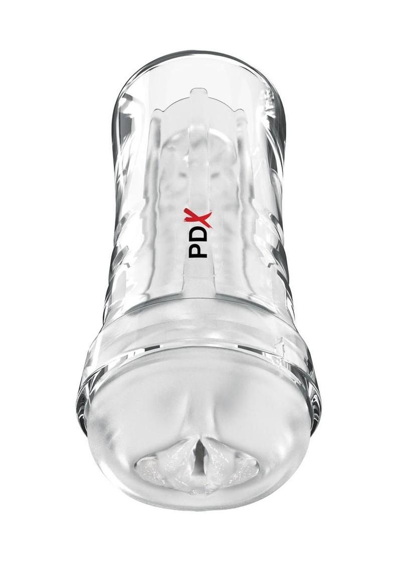PDX Extreme Wet Pussies Super Luscious Lips Control Freak Self Lubricating Vibrating Stroker with Remote - Pussy - Frost/Clear