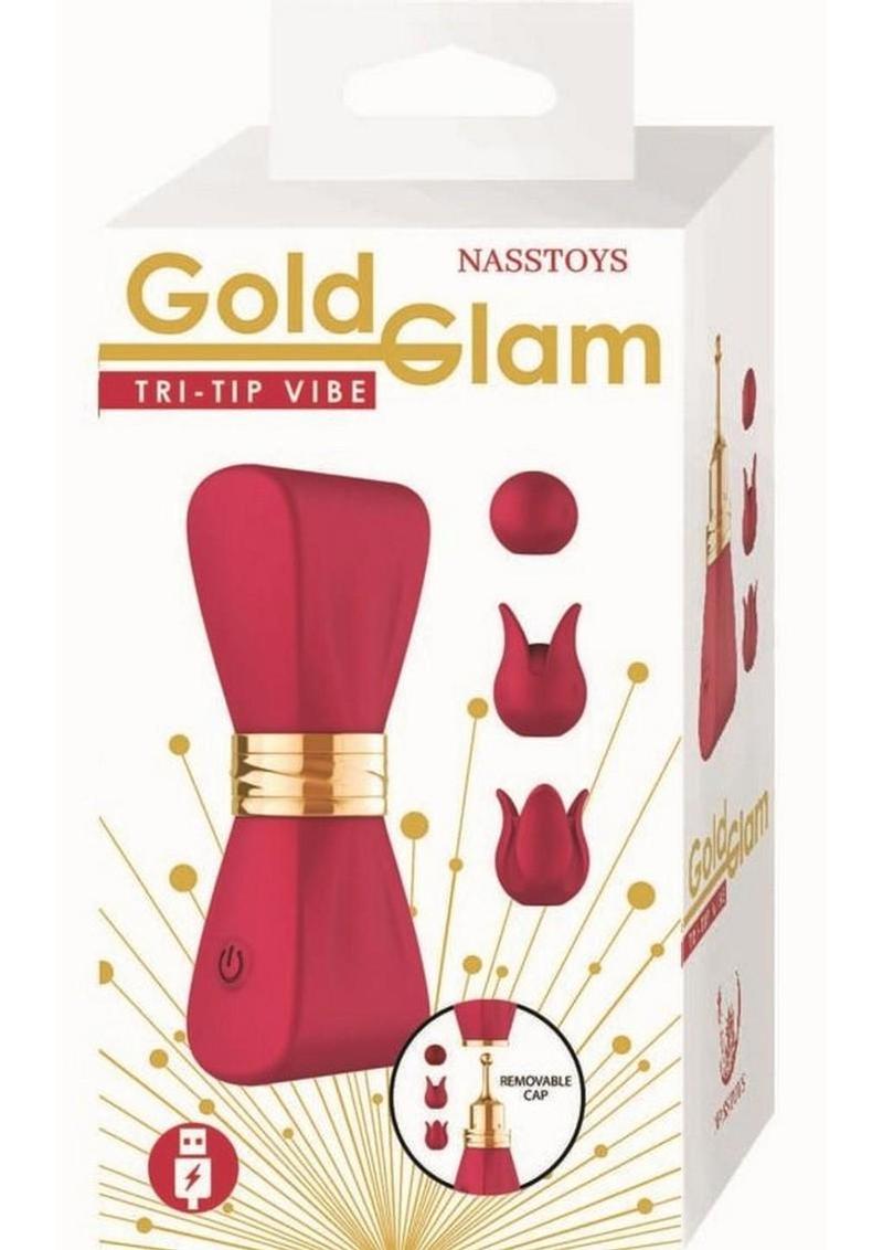 Gold Glam Tri-Tip Silicone Rechargeable Vibrator - Red/Gold