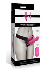 Strap U Thrusting and Vibrating Silicone Rechargeable Rabbit Strap-On With Harness - Pink/Black