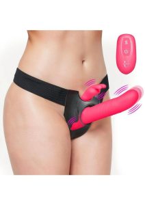 Strap U Thrusting and Vibrating Silicone Rechargeable Rabbit Strap-On With Harness - Pink/Black
