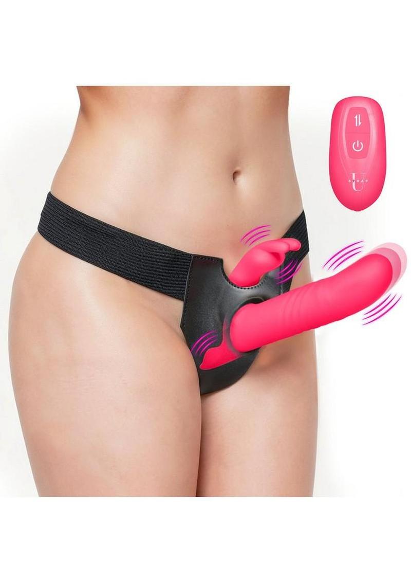 Strap U Thrusting and Vibrating Silicone Rechargeable Rabbit Strap-On With Harness - Pink/Black