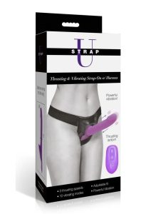 Strap U Thrusting and Vibrating Silicone Rechargeable Strap-On Harness with Remote - Purple/Black