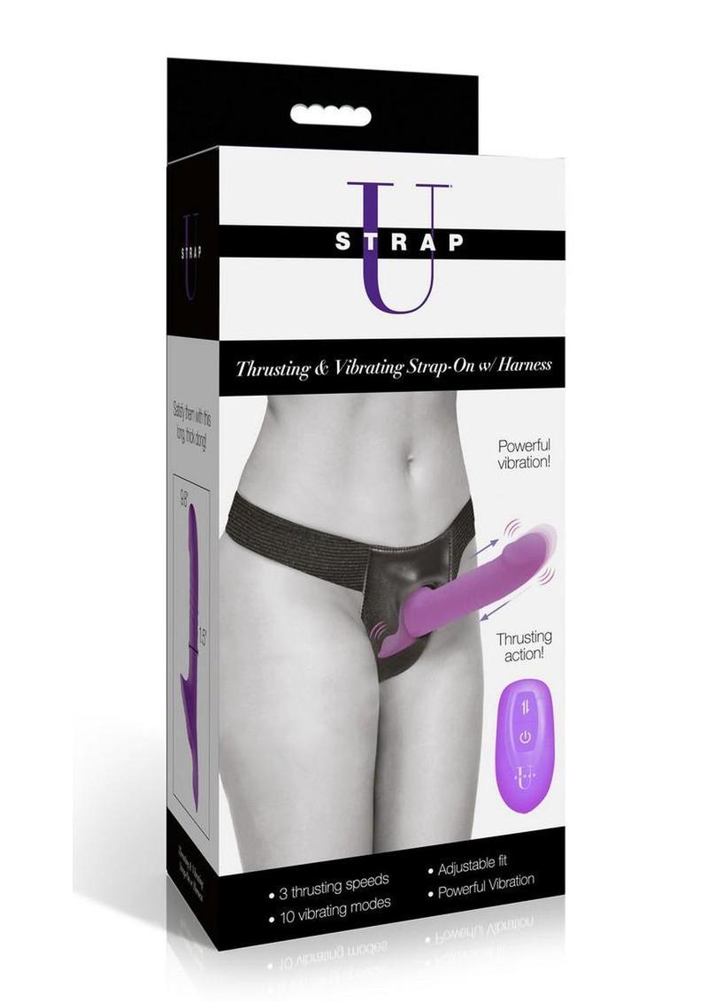 Strap U Thrusting and Vibrating Silicone Rechargeable Strap-On Harness with Remote - Purple/Black